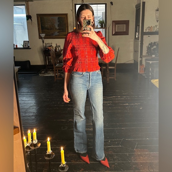 Universal Thread Tops - Universal Threads red plaid top with balloon sleeves NWT